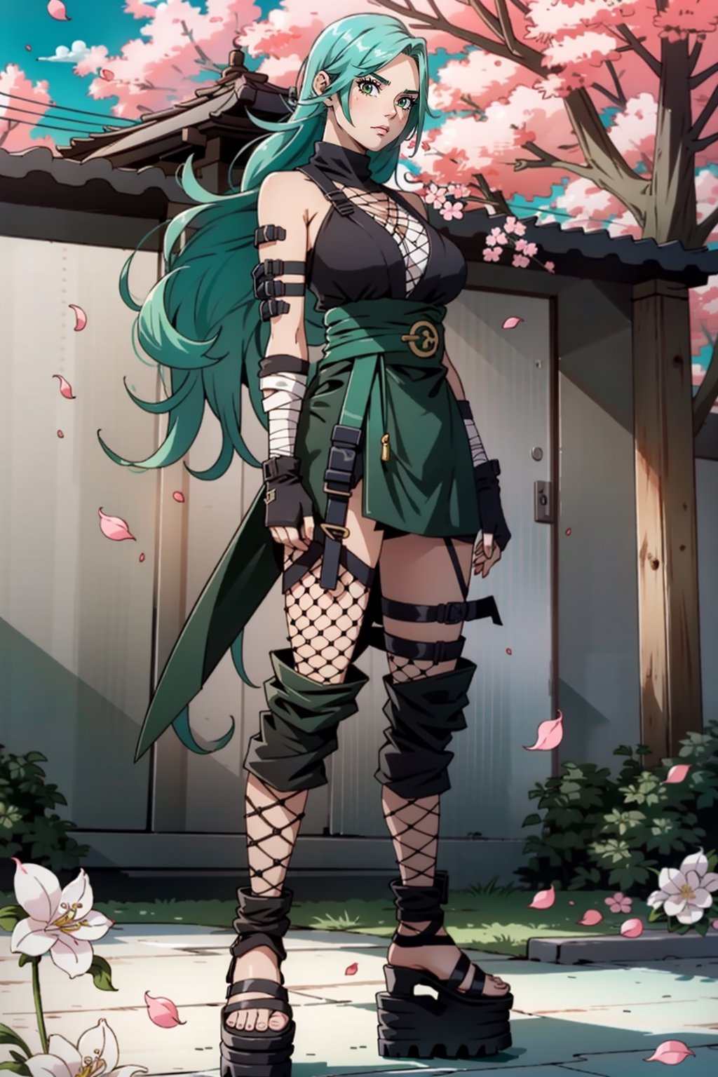 1girl, full body, ninja, fishnet top, (bandaging arms ,short kunai: in hand1.1), platform wood sandals, long hair, full pastel green hair, sakura petals in the air, fingerless  gloves, hurt, damage, bloding, fire particules, nar_kurenai_yuhi, hand seal,long shot:1.4),cloudstick, 