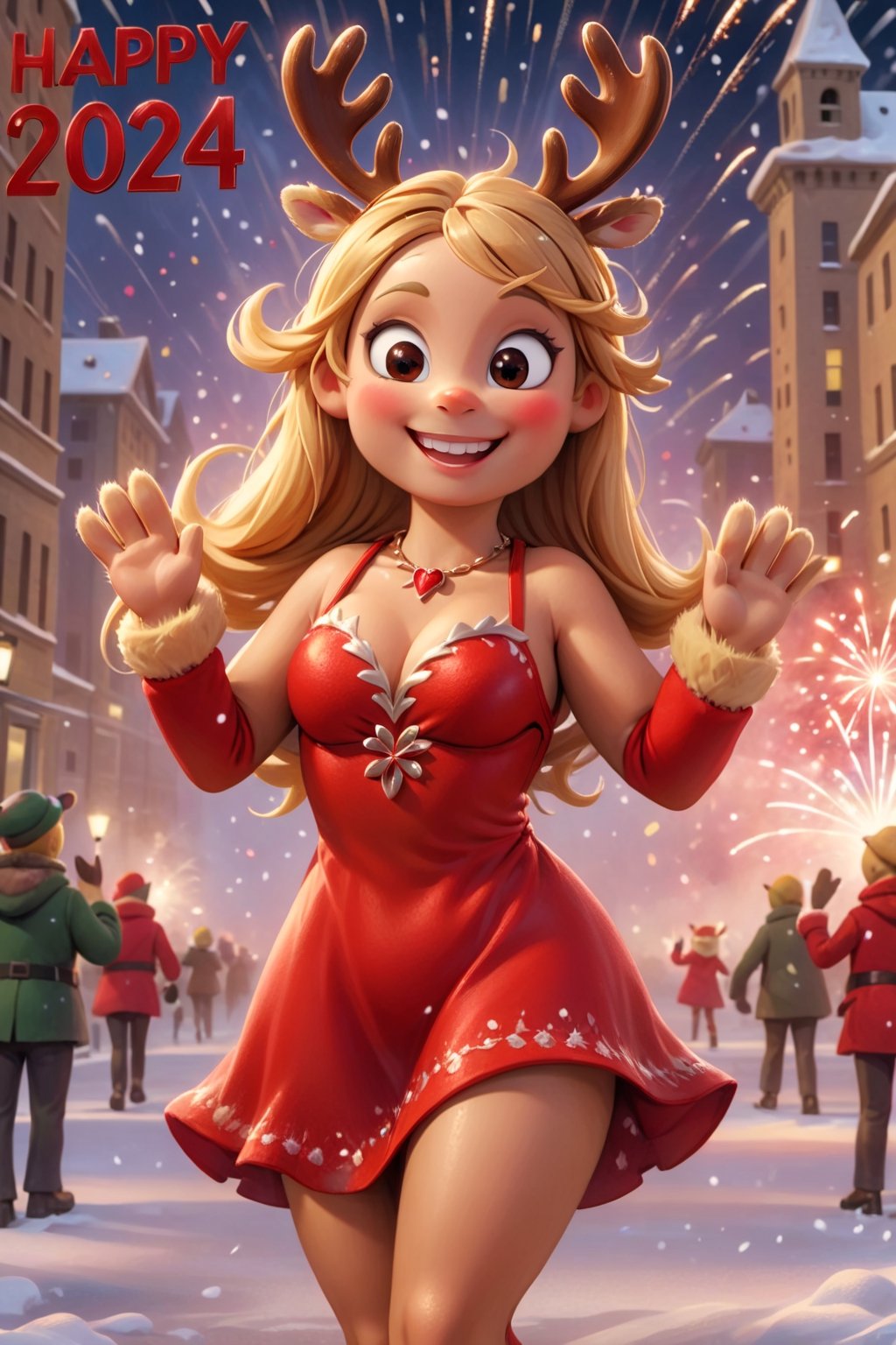 (masterpiece), best quality, a furry anthro brown reindeer girl wearing a shiny red dress, long blonde hair, cleavage, legs, waving at viewer, smiling at viewer, city, fireworks, winter, night, New Years Eve, and Close up. Red text that reads: "HAPPY NEW YEAR 2024!" 