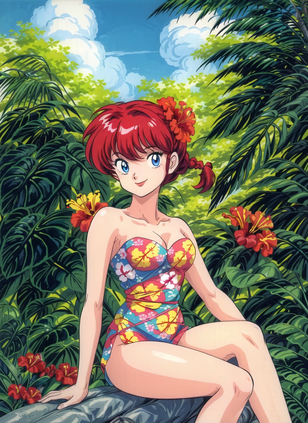 takahashi rumiko, ranma-chan, 1980s \(style\), retro artstyle, 1girl, arm ribbon, bare shoulders, bird, blue eyes, braid, braided ponytail, breasts, cleavage, floral print, flower, hair flower, hair ornament, hibiscus,  jungle, long hair, looking at viewer,  medium breasts, nature, outdoors, red hair, ribbon, seashell, shell, shitajiki, single braid, sitting, smile, solo, ((masterpiece)) 