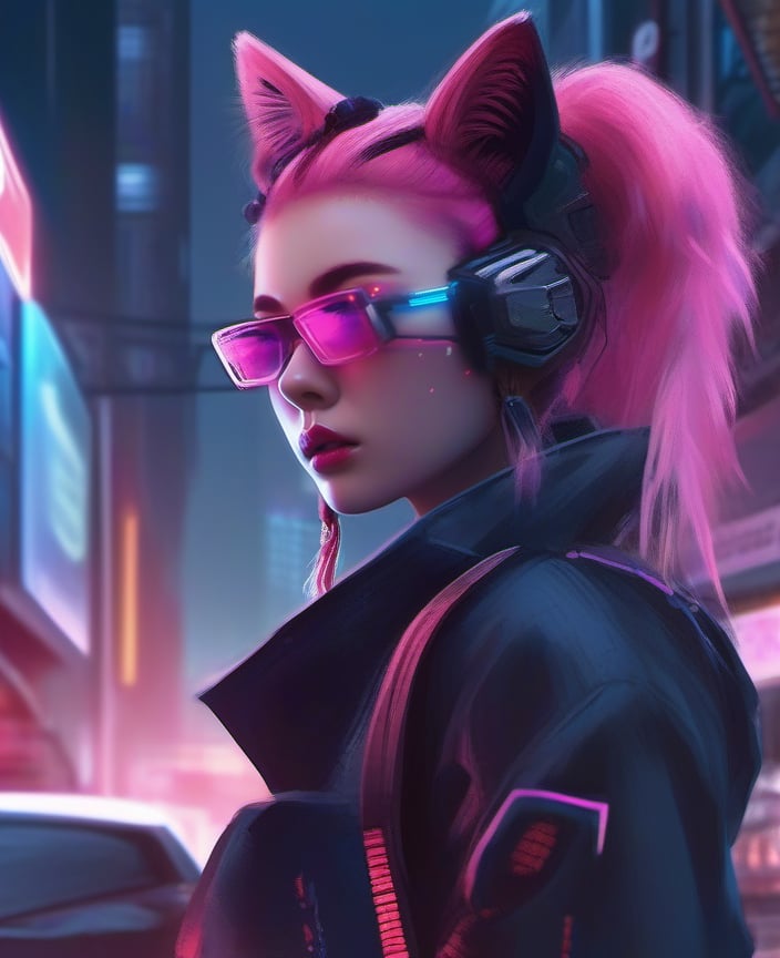 1girl, catgirl, cat ears, pink cat eyes, cat tail, whiskers, black gloves, black jacket, blurry, bodysuit, car, cowboy shot, cyberpunk, cyberpunk style, fingerless gloves, gloves, glowing, ground vehicle, gun, handgun, holding, holding weapon, jacket, lips, motor vehicle, neon lights, night, outdoors, pants, pink twintails hair, realistic, science fiction, solo, standing, weapon