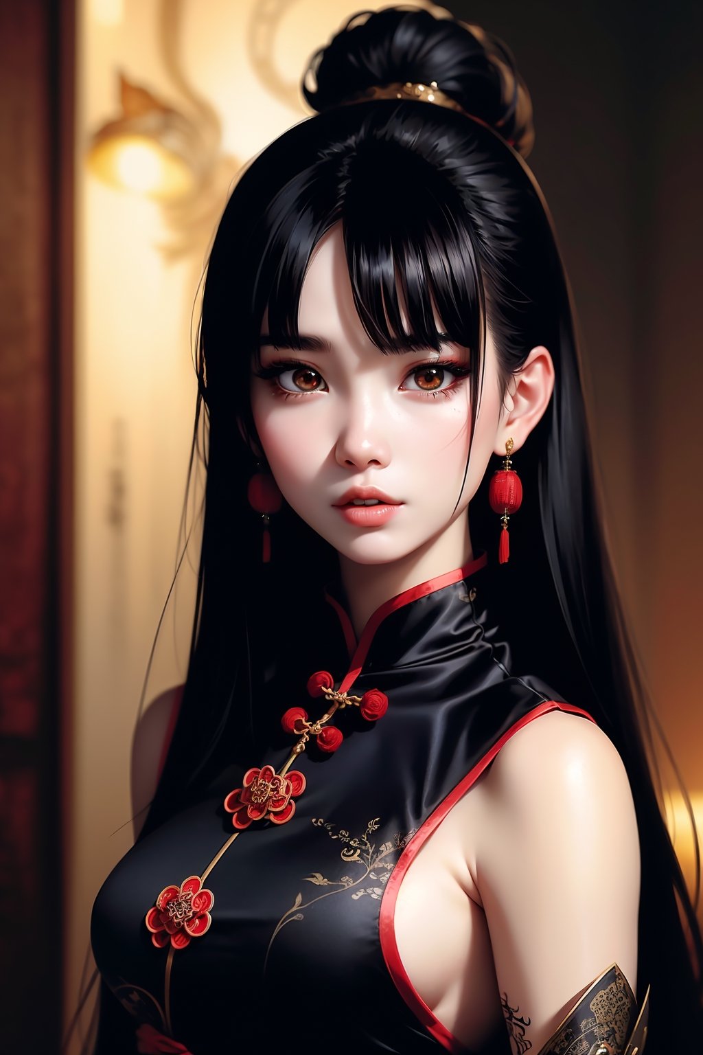 a Chinese goth girl, black Chinese dress, long black hair, white skin, portrait, upper body, by Luis Royo