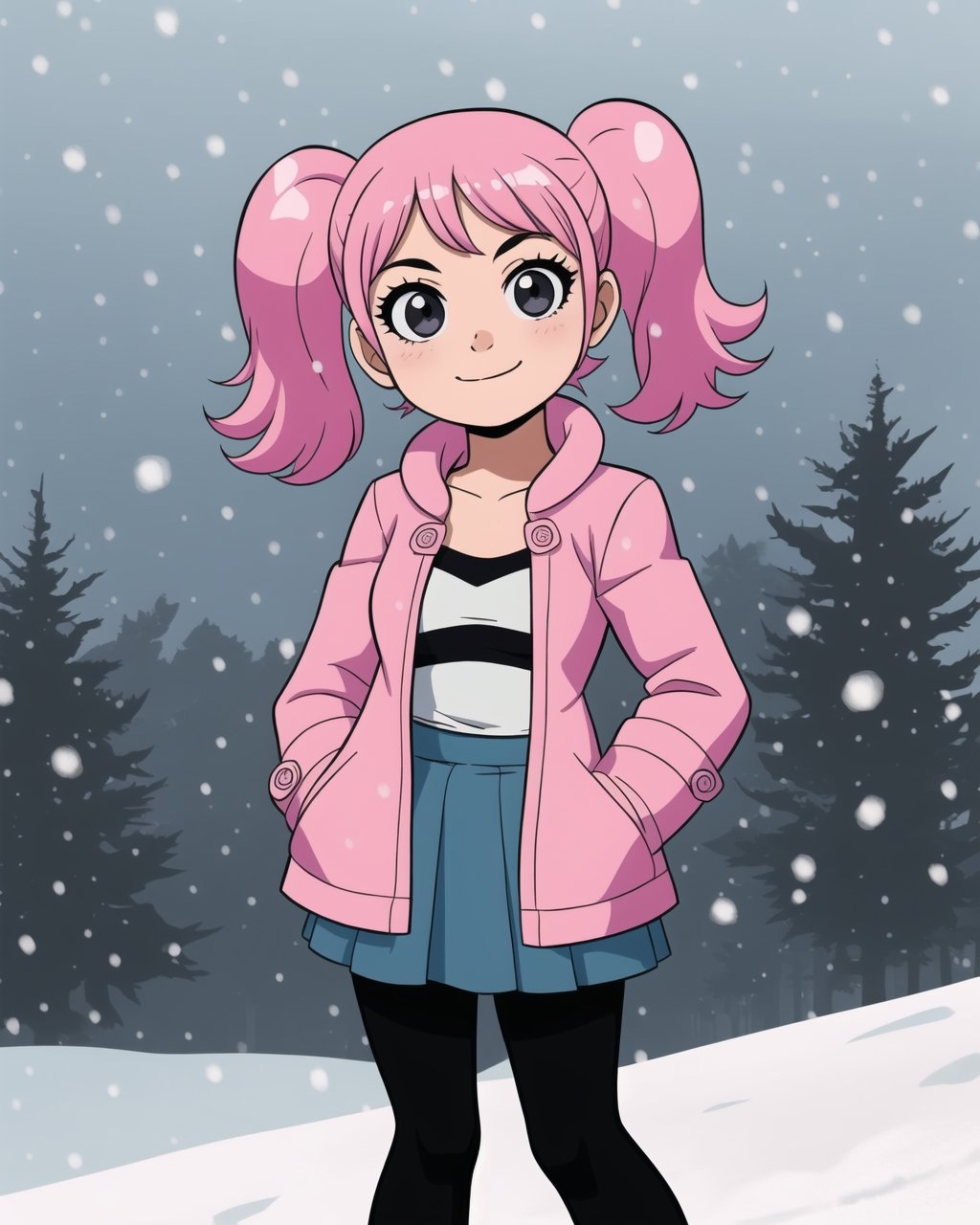 masterpiece, best quality, 1girl, solo, (chibi:0.7), closed mouth, (black_eyes),smile, looking at viewer,  scottpilgrimvstheworld, ,  denim skirt, pink pantyhose, pink wintercoat, black camisole, pink pigtails, snowing, snow, 