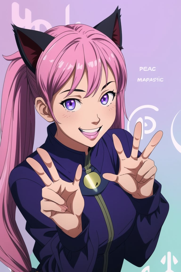 (masterpiece), best quality, expressive eyes, perfect face, (1girl),Fantasy cat ears smile peace sign ✌️ show teeth sticking out hands twin tail light blue light purple pink pop (masterpiece), ((best quality)), ((8k wallpaper)), ((ultra high resolution)),