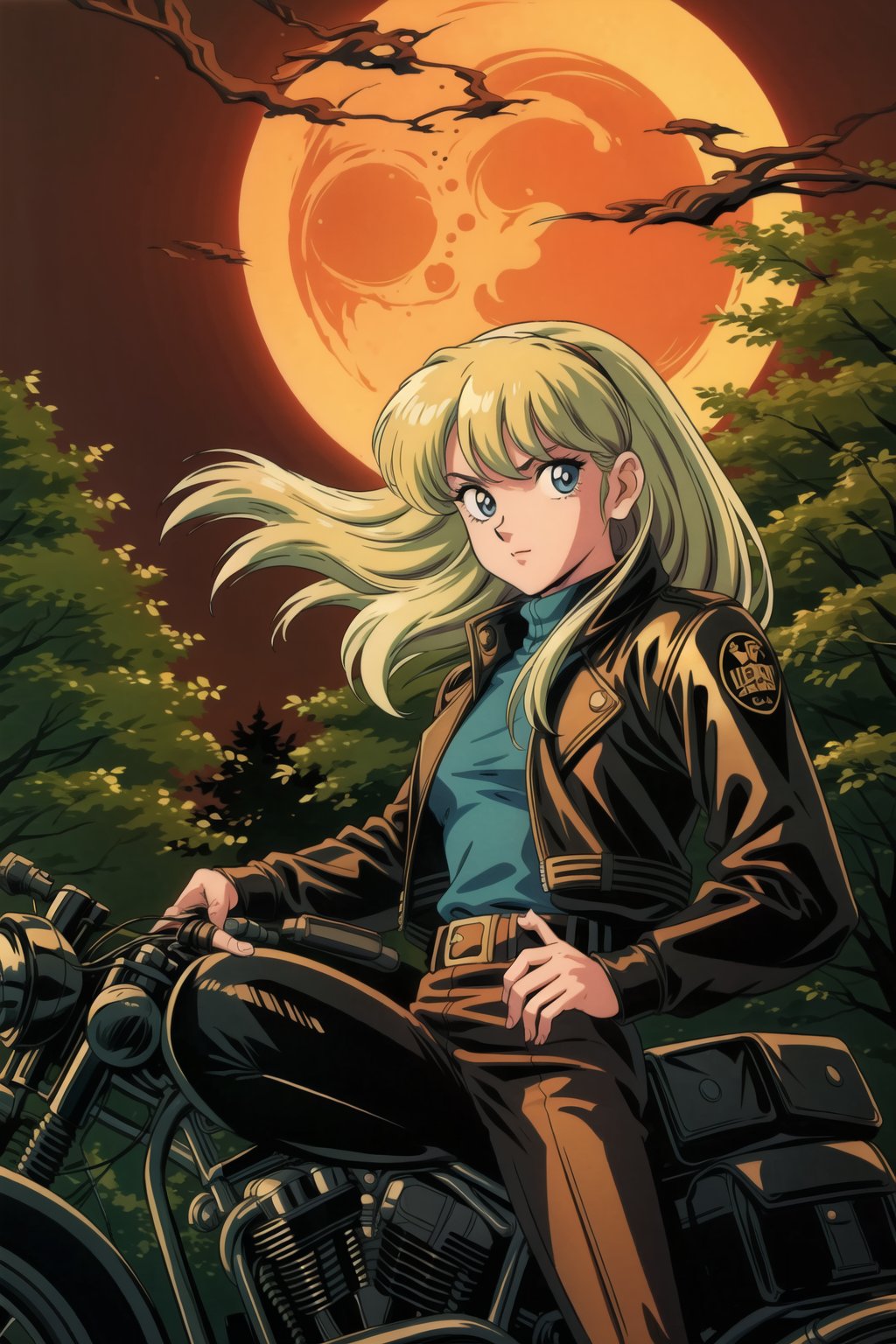 (1girl), long blond_hair, biker, leather jacket, seeing at viewer, forest, night, full moon, portrait,1990s \(style\),takahashi rumiko, retro artstyle