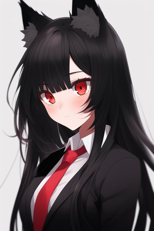 1girl, long hair, black hair, bangs, red eyes, wolf ears, black suit, red tie