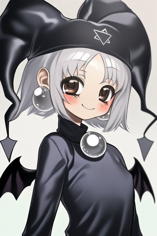 1girl, solo, looking at viewer, blush, smile, short hair, bangs, long sleeves, hat, jewelry, upper body, grey hair, earrings, wings, grey eyes, bat wings, jester cap