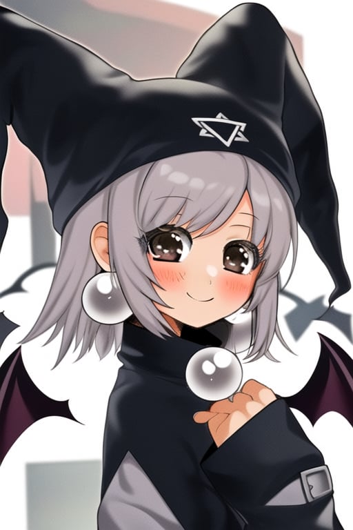 1girl, solo, looking at viewer, blush, smile, short hair, bangs, long sleeves, hat, jewelry, upper body, grey hair, earrings, wings, grey eyes, bat wings, jester cap