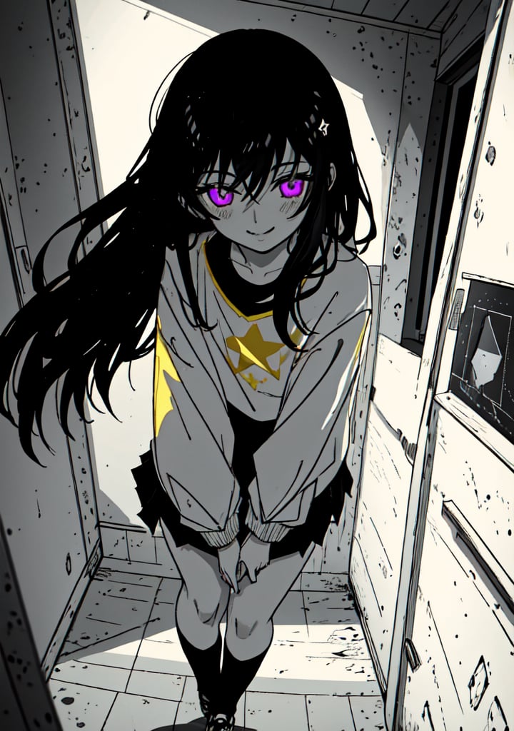 purple_eyes, dark_purple_hair, 1girl, wavy_hair, slim, tiny_girl, small_hands, darken_hair, wind, darken_hair, black_jacket, dark_skirt, star_(symbol), one symbol in the shirt, yellow_star_print_(symbol in the shirt center), happy_face, small_chest,fullmoon white_shirt, one big star_(symbol) blouse, white_shirt ,masterpiece of Digital art, very detailed and coherent, intricate, soft focus, dramatic shadows, basic_background, light_particles, smile,, comprehensive cinematic, magical fotography, (full purple neon lighting), (full yellow neon lighting), moon, PRINT YELLOW (SYMBOL) IN THE CENTER), NO PRINT STAR PURPLE (SYMBOL), print star symbol, ahe_gao, big_thighs, doggy position, pale_skin, 