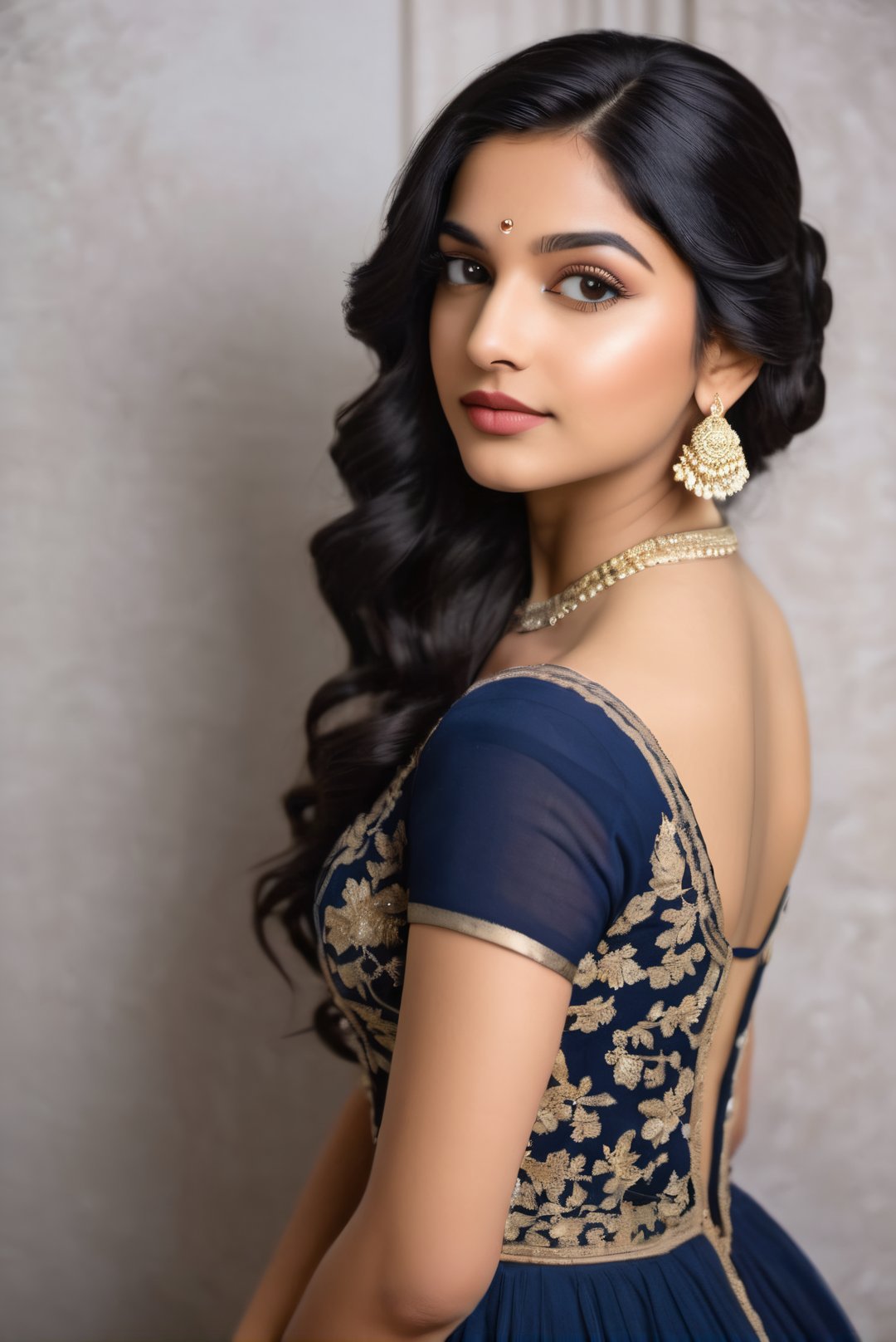  A beautiful white Indian girl wearing a gorgeous navy blue dress, black wavy hairstyle, standing in the corner looking at the camera, 19th century American banquet style, portrait style,Looking at the camera,ulta realistic, detailed, clear focus, deep focus, mouth closed