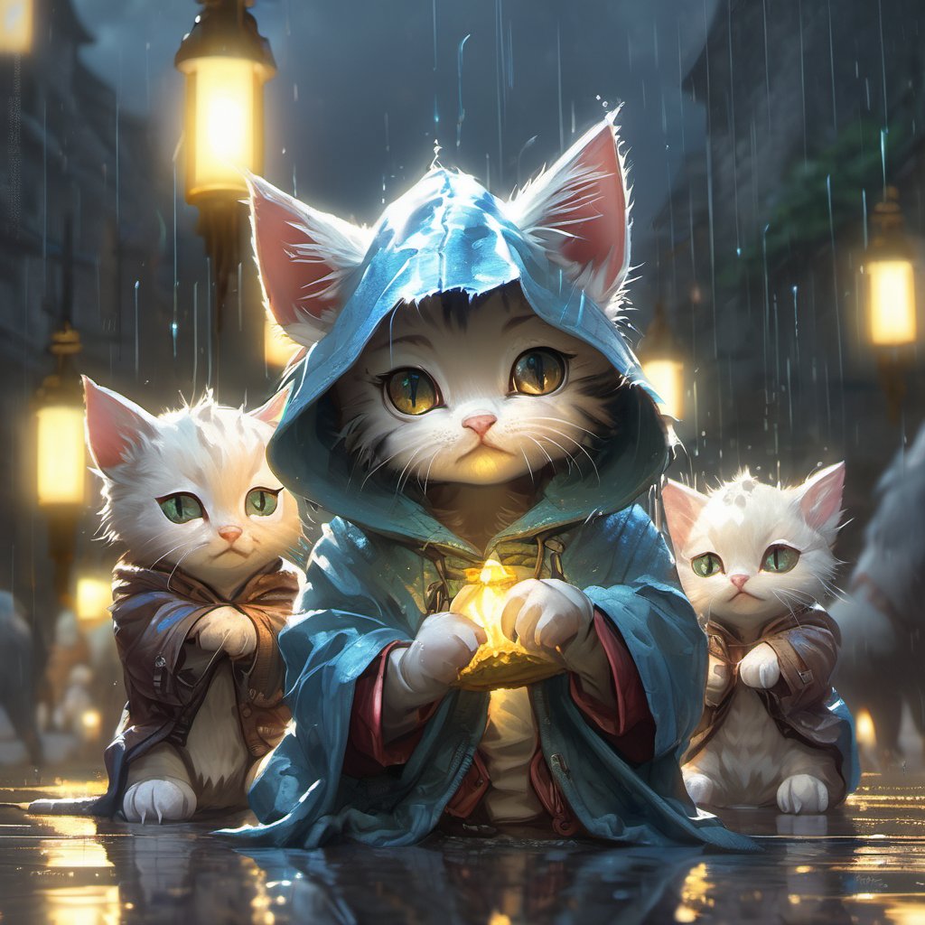 Hyper-detailed  painting, Jean-Baptiste Monge style, a gang of cute little kittens gathered in the rain  under an single hoody, splash, glittering, cute and adorable, filigree, lights, fluffy, magic, surreal, fantasy, digital art, ultra hd, hyper-realistic illustration, vivid colors,  UHD, cinematic perfect light,greg rutkowski