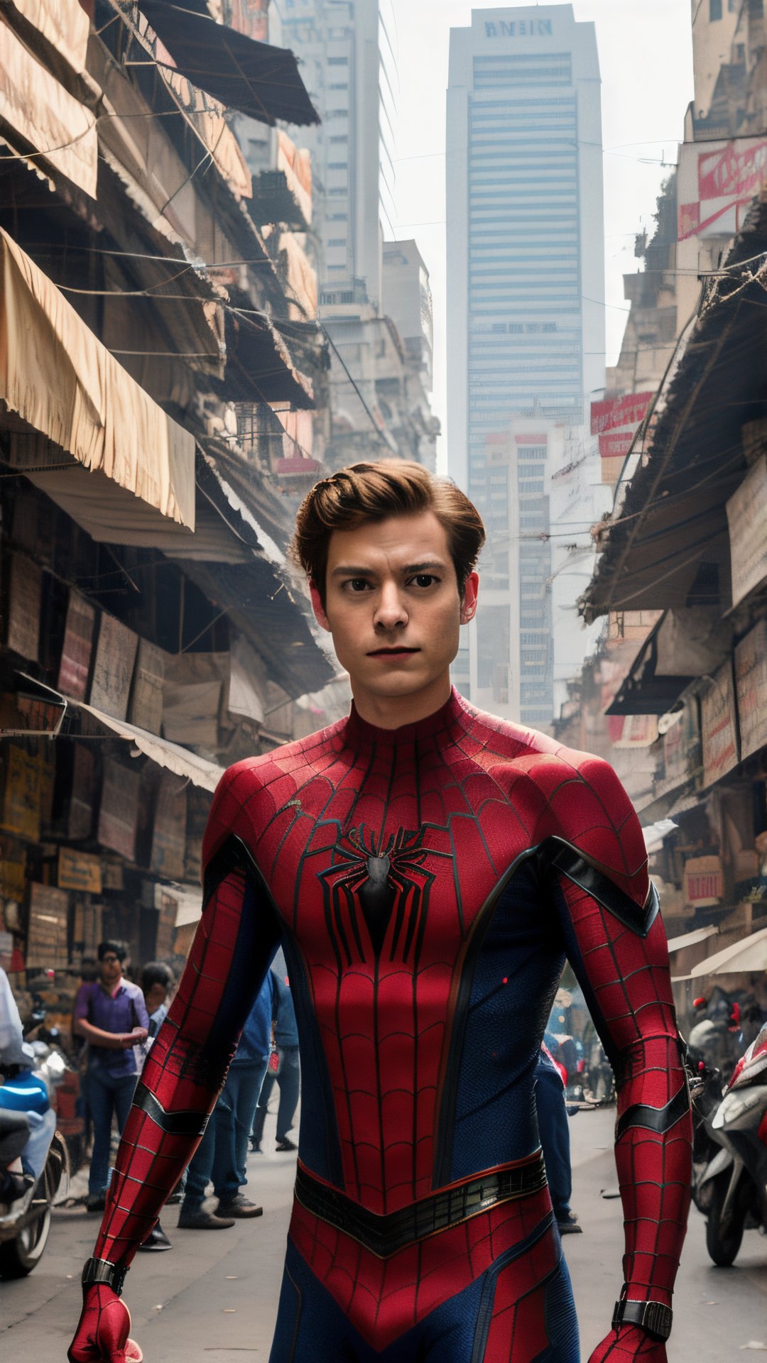 a waist length photo of a Marvel character Peter Parker wearing spiderman suit without helmet on a busy indian street, cinematic light, film still,