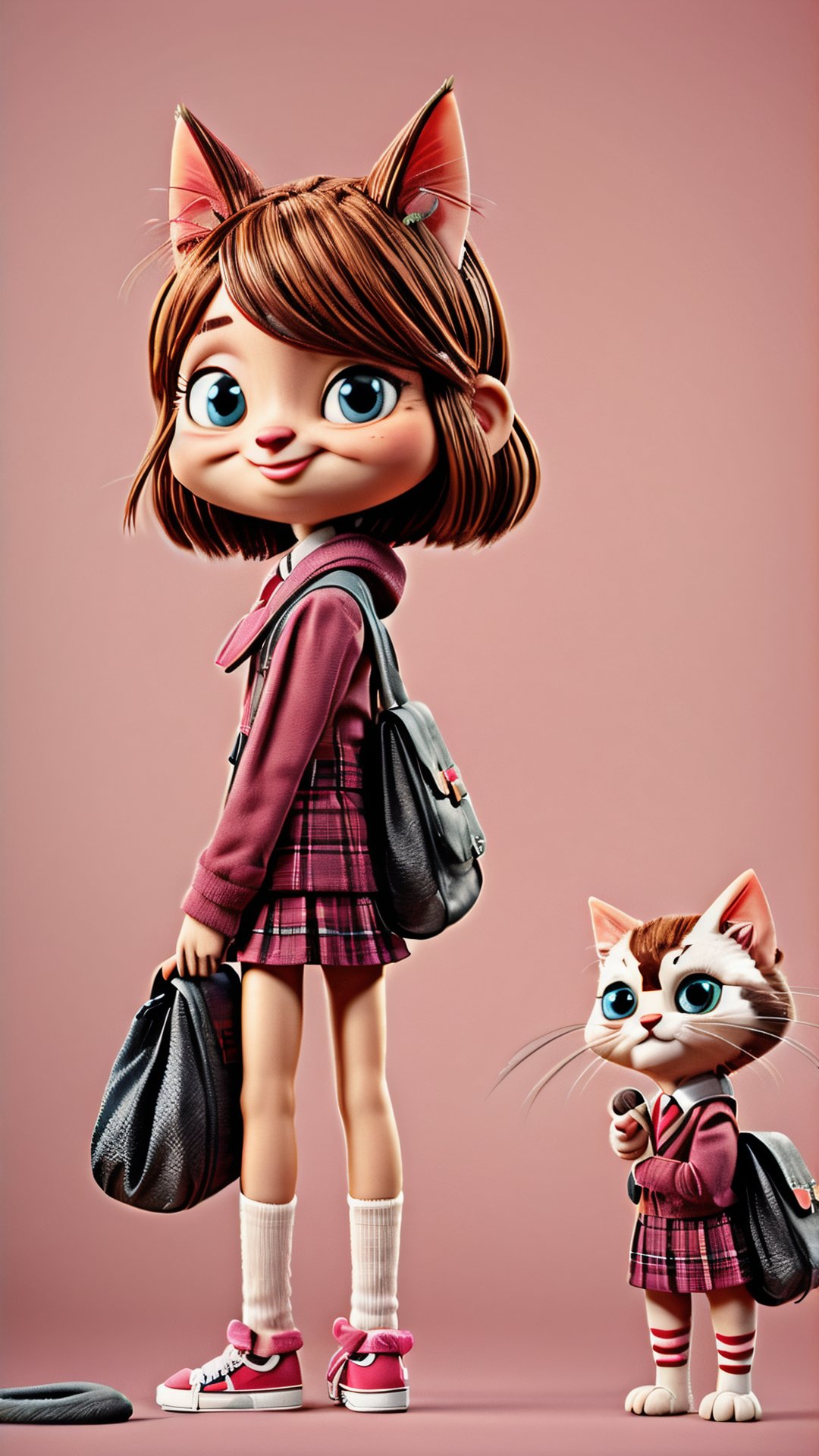 A cute cat is going to school wearing a school bag and school uniform, happy_face, anthromorphic figure, cat head, cat face, cat hands, cat legs,3DMM