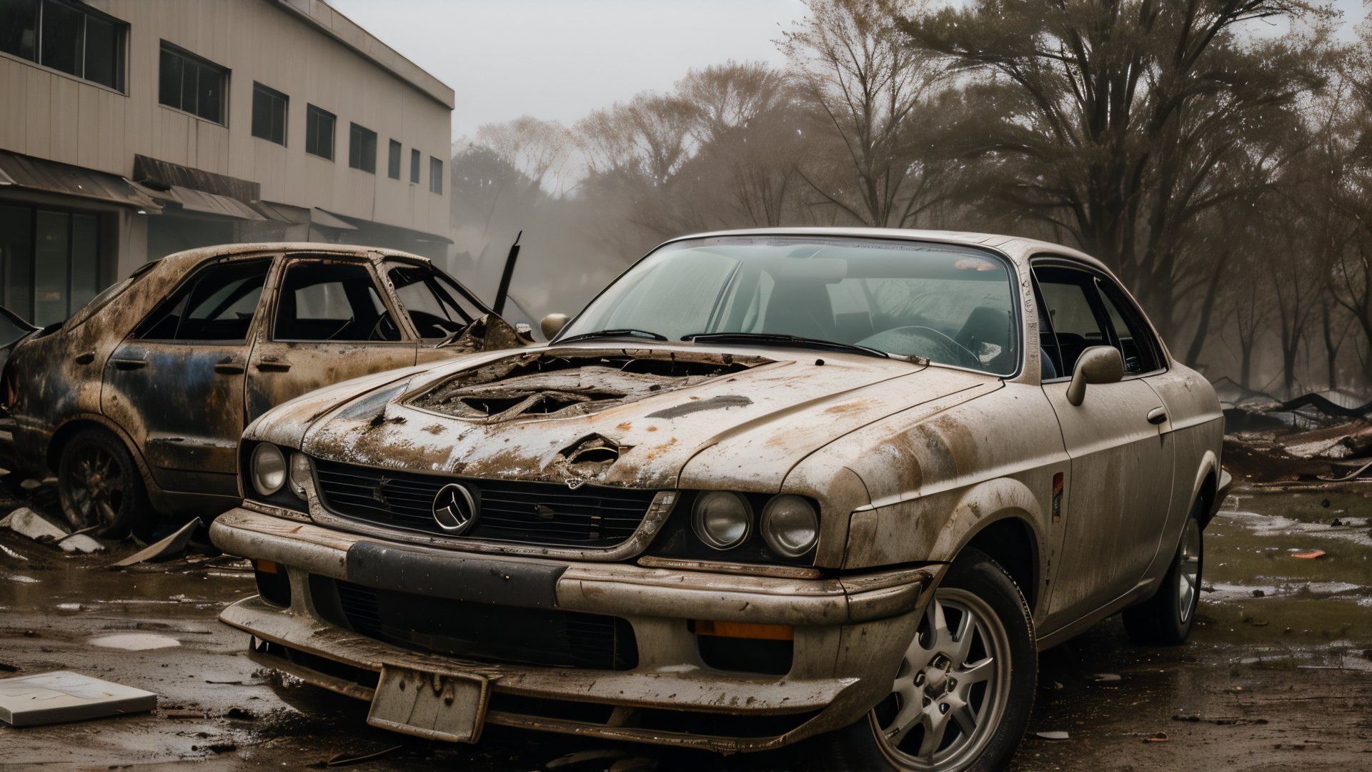 postapocalypse, photo of wrecked old sports car, natural lighting, 8k uhd, high quality, film grain, Fujifilm XT3