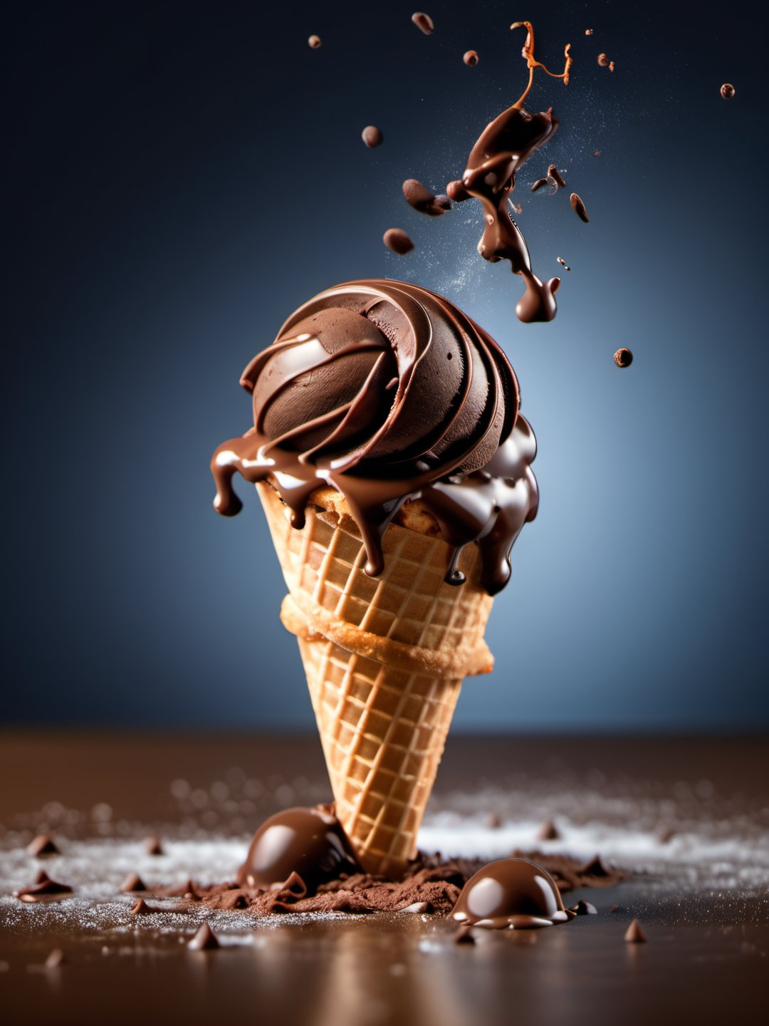 A chocolate cornetto ice cream falling in pieces, tasty, cold, icy, promotional photo, intricate details, hdr, cinematic, adobe lightroom, highly detailed