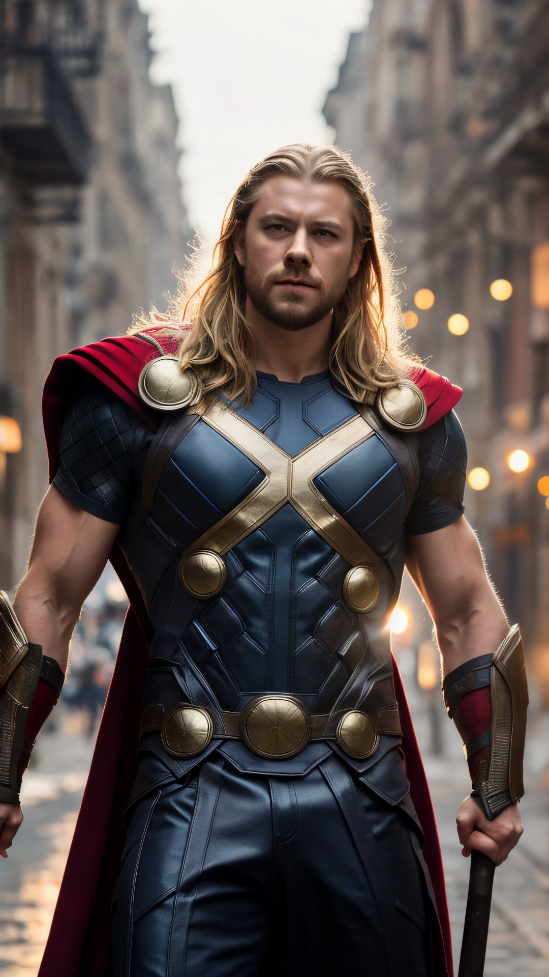 A waist length portrait photo of male Marvel character Thor with his hammer in his hand in indian street, ((light bokeh)), intricate, elegant, sharp focus, photo by greg rutkowski, soft lighting, vibrant colors, (masterpiece), ((streets)), (detailed face:1.2)