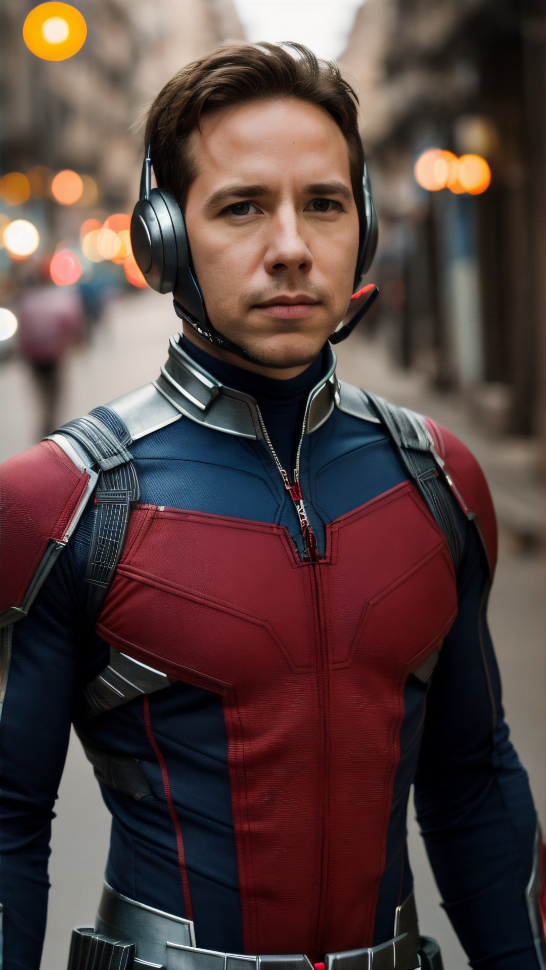 A full length portrait photo of Marvel character Scott Lang in an Antman suit without helmet on a indian street, ((light bokeh)), intricate, elegant, sharp focus, soft lighting, vibrant colors, (masterpiece), ((streets)), (detailed face:1.2)