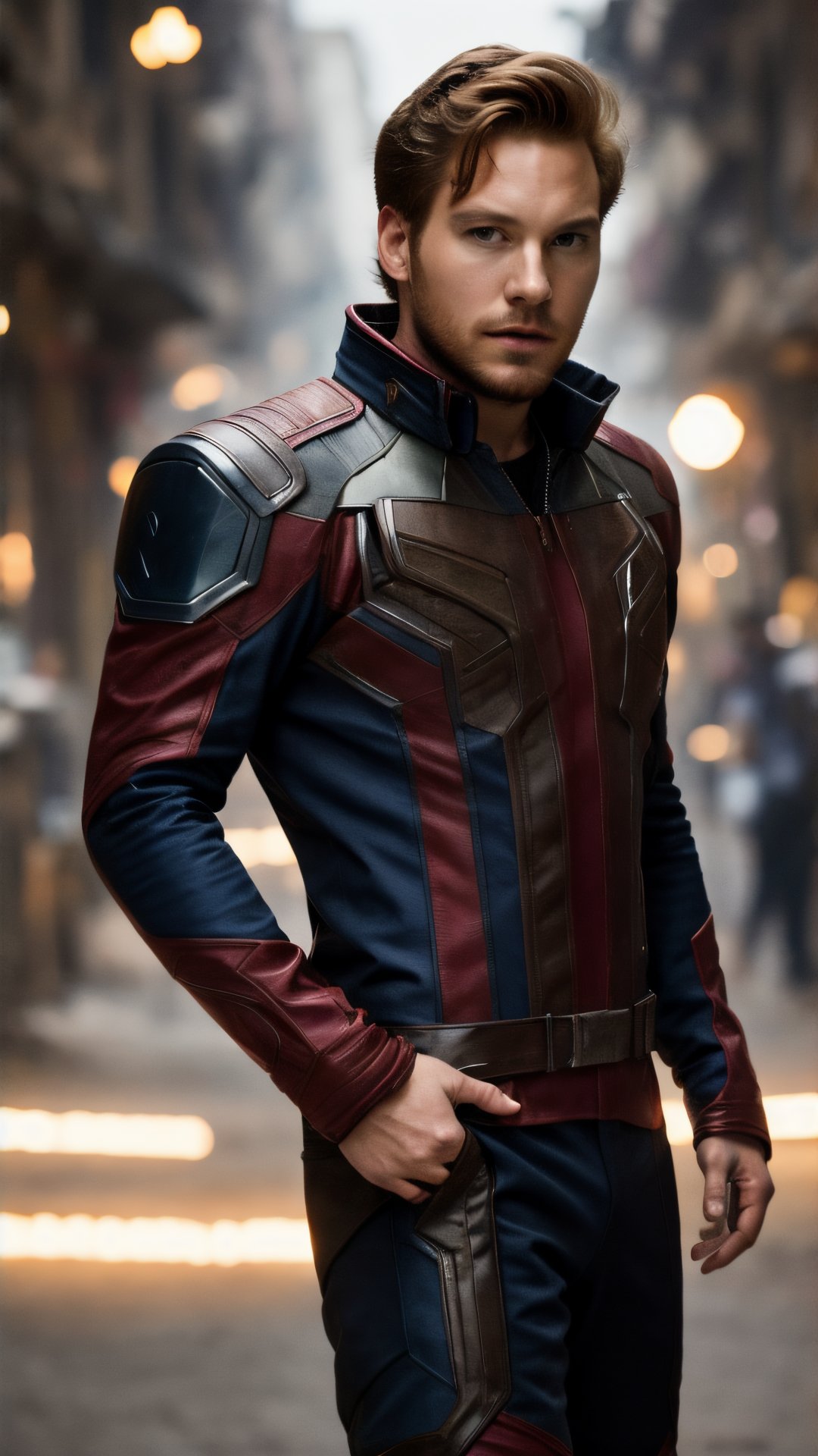 A full length portrait photo of a male Marvel character Peter Quill wearing Starlord suit in action pose in an indian village, ((light bokeh)), intricate, elegant, sharp focus, soft lighting, vibrant colors, (masterpiece), ((streets)), (detailed face:1.2)