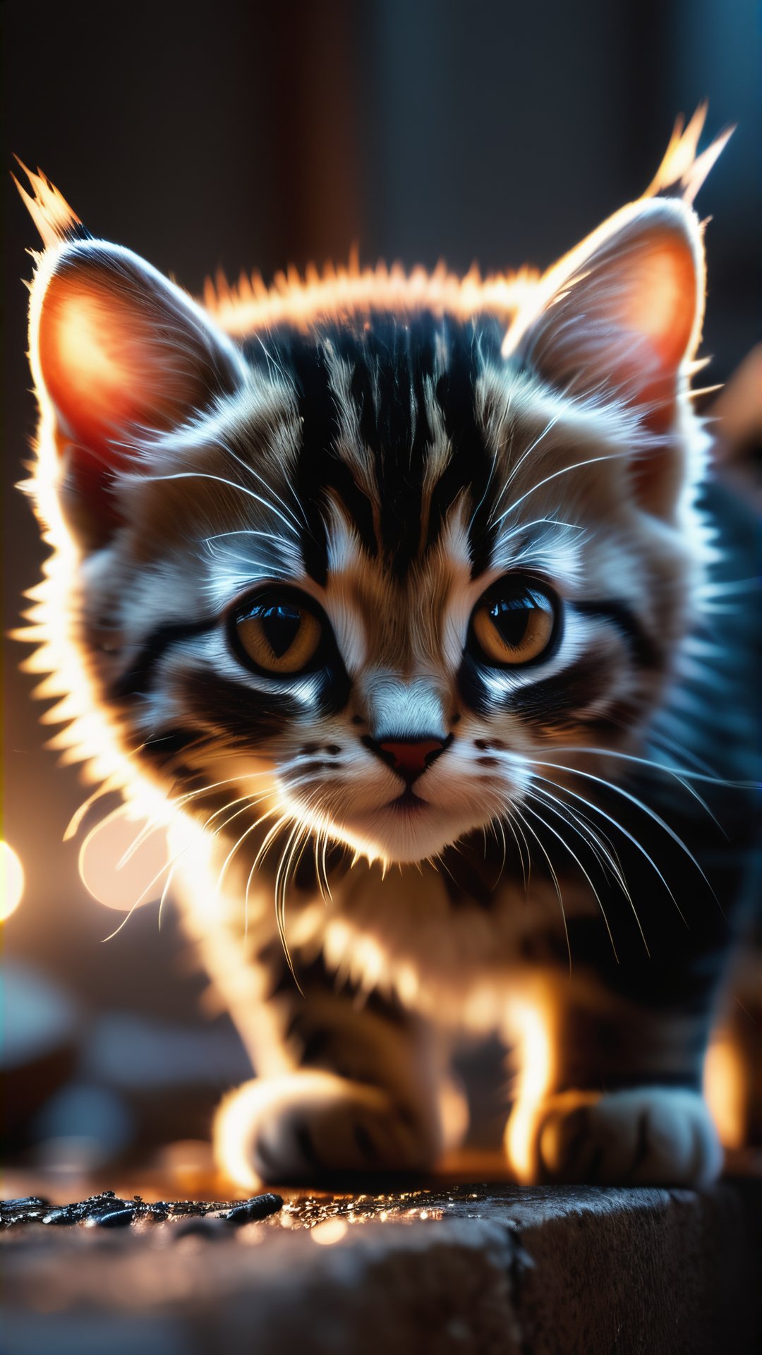 cinematic film still (Raw Photo:1.3) of (Ultrarealistic:1.3),(Angry:1.3) realistic, cute cat, desolate, intricately detailed, artistic lightning, particles, beautiful, amazing, highly detailed, digital art, sharp focus, trending on art station,(SEMI-SILHOUETTE light:1.1), (raytracing:1.1), (cryengine:1.1),,Highly Detailed,(Fujifilm Superia:1.3),(close portrait:1.3),thematic background . shallow depth of field, vignette, highly detailed, high budget, bokeh, cinemascope, moody, epic, gorgeous, film grain, grainy