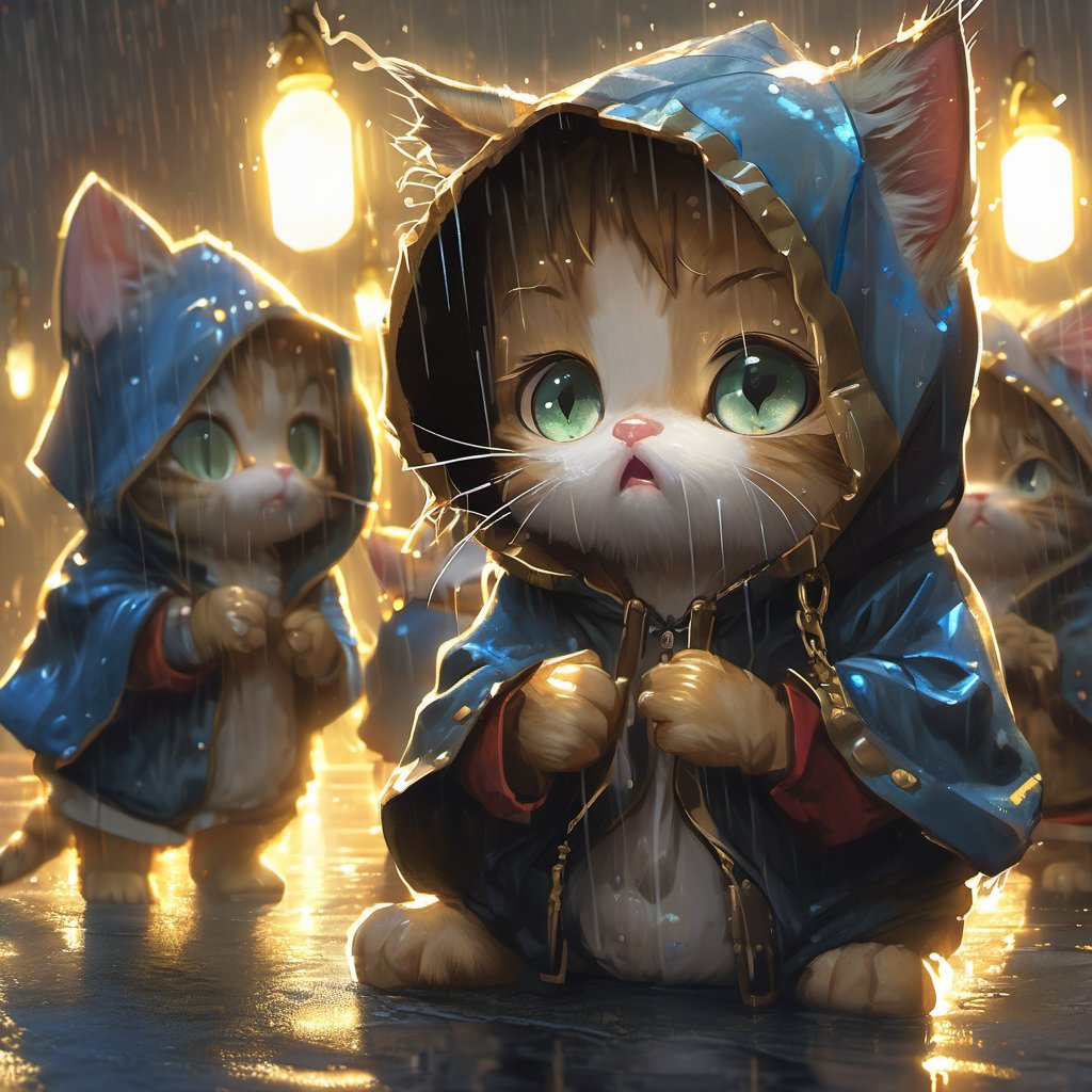 Hyper-detailed  painting, Jean-Baptiste Monge style, a gang of cute little kittens gathered in the rain  under an single hoody, splash, glittering, cute and adorable, filigree, lights, fluffy, magic, surreal, fantasy, digital art, ultra hd, hyper-realistic illustration, vivid colors,  UHD, cinematic perfect light,greg rutkowski