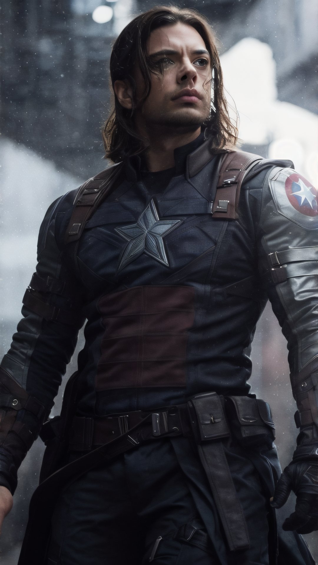 A full length portrait photo of a Marvel character Bucky Barnes in winter soldier suit creating chaos in an indian city, ((light bokeh)), intricate, elegant, sharp focus, soft lighting, vibrant colors, (masterpiece), ((streets)), (detailed face:1.2)