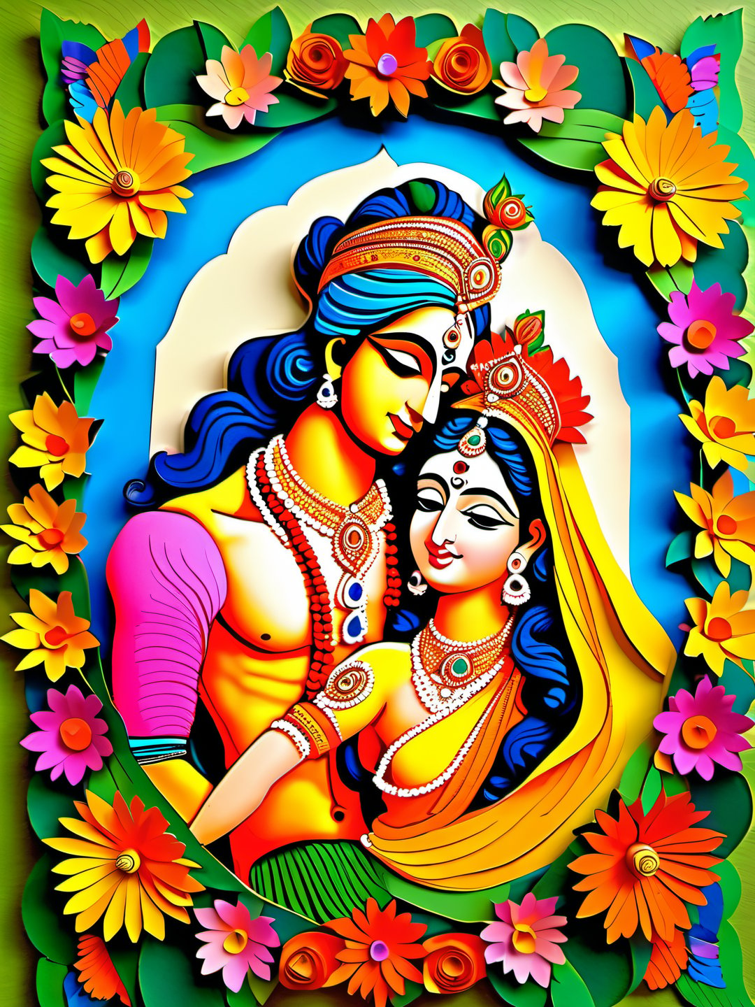 Indian goddess, Radha Krishna, Radha leaning her head on the chest of Lord Krishna, paper art, colorful, vibrant, flowers, blossoms,Leonardo Style