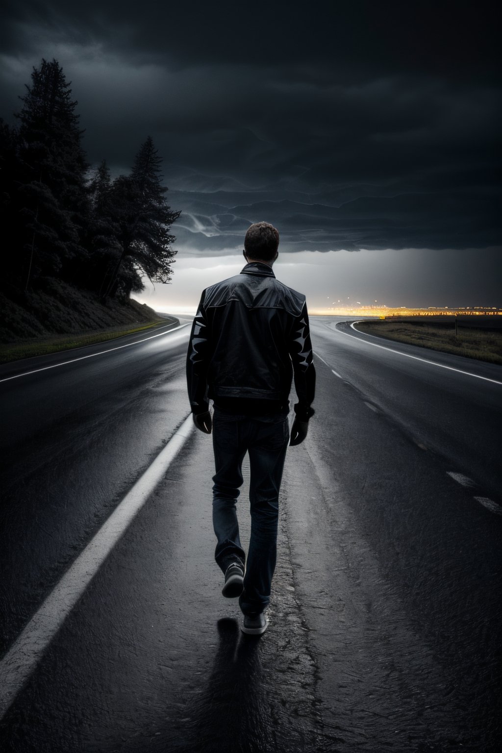 photorealistic black and white, full body man without shoes, road with stormy sky, high resolution image, very detailed, 8k, with flash of lights and shadows