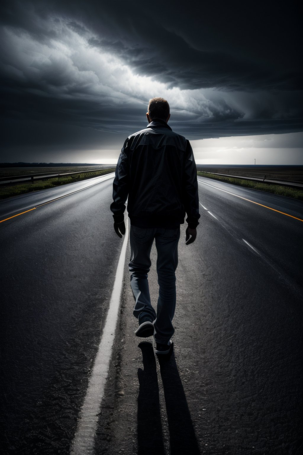 photorealistic black and white, full body man without shoes, road with stormy sky, high resolution image, very detailed, 8k, with flash of lights and shadows