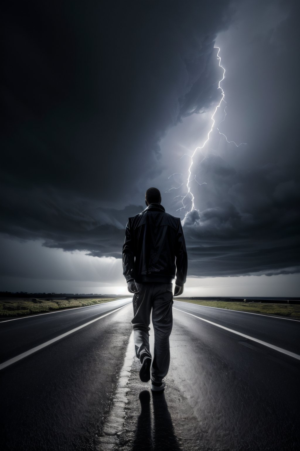 photorealistic black and white, full body man without shoes, road with stormy sky, high resolution image, very detailed, 8k, with flash of lights and shadows