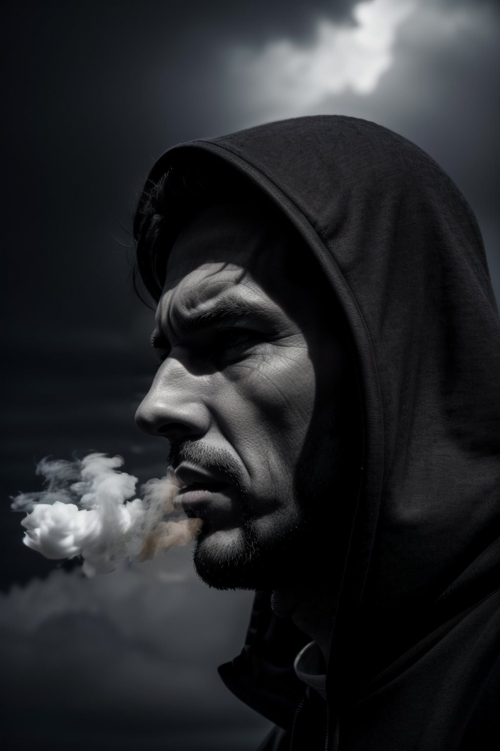 photorealistic black and white, man with hood, shadowed face, smokes cigarette, lots of smoke, stormy sky, high resolution image, very detailed, 8k, with flash of light and shadow, photorealistic