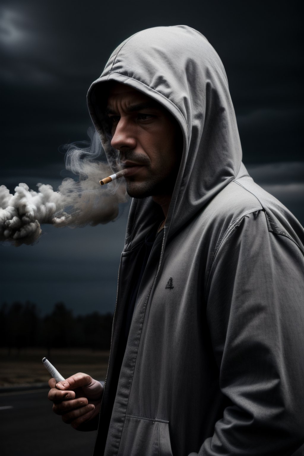 photorealistic black and white, man with hood, shadowed face, smokes cigarette, lots of smoke, stormy sky, high resolution image, very detailed, 8k, with flash of light and shadow, photorealistic