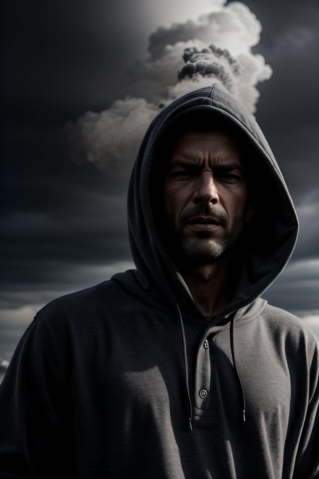 photorealistic black and white, man with hood, shadowed face, smokes cigarette, lots of smoke, stormy sky, high resolution image, very detailed, 8k, with flash of light and shadow, photorealistic