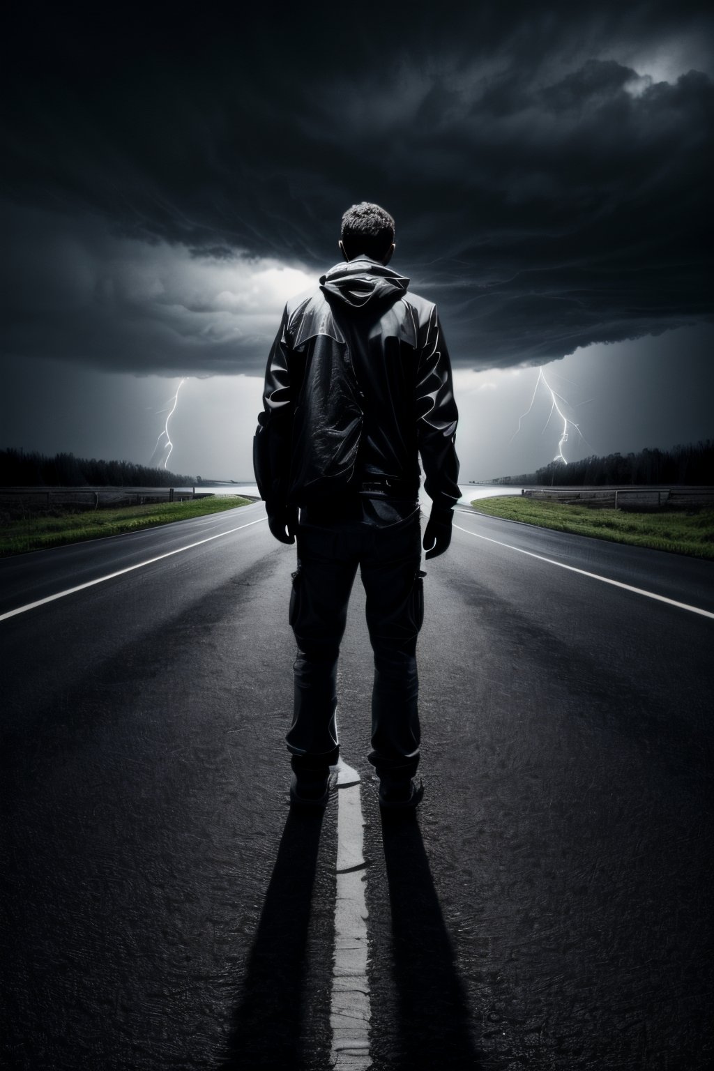 photorealistic black and white, full body man without shoes, road with stormy sky, high resolution image, very detailed, 8k, with flash of lights and shadows