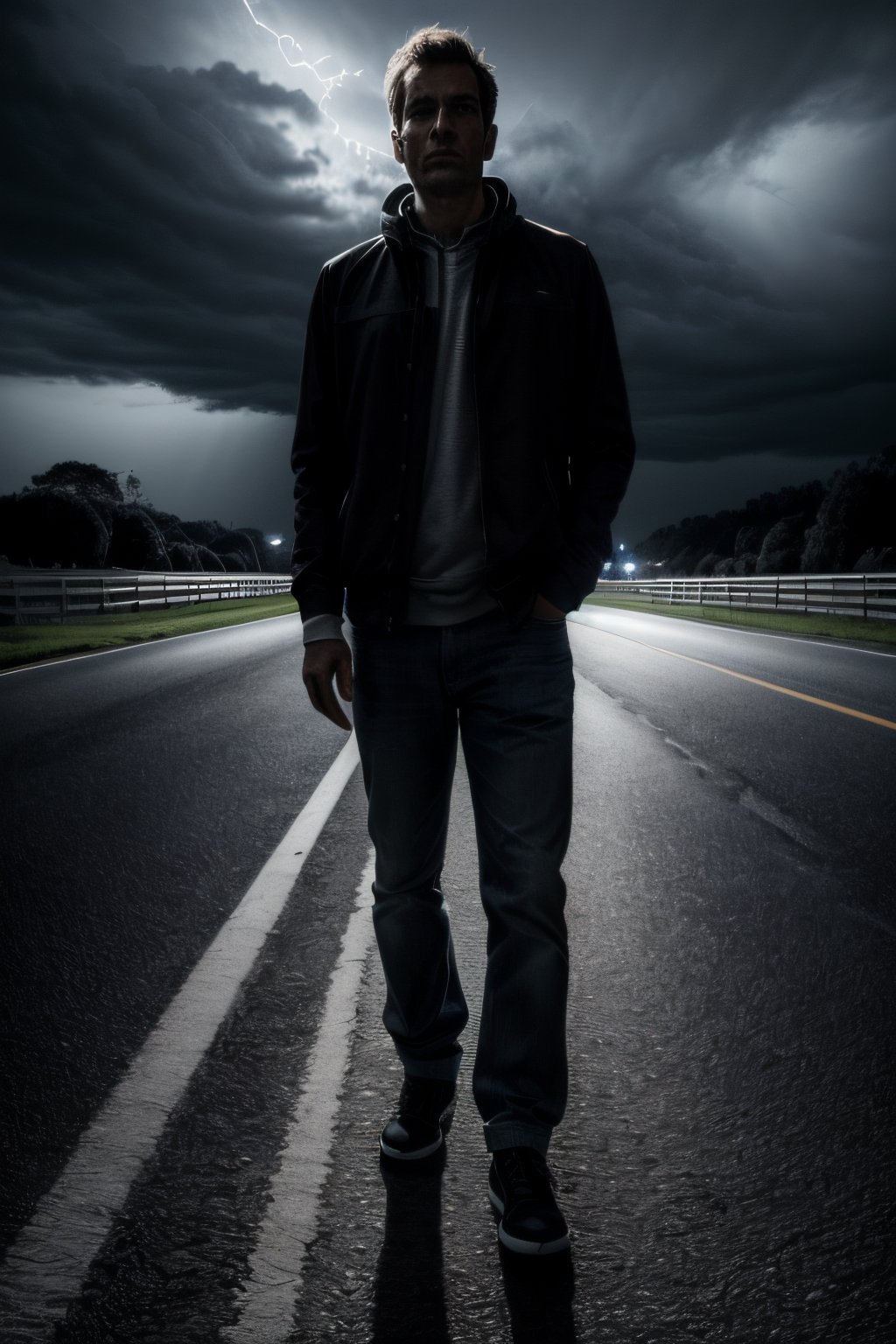 photorealistic black and white, full body man without shoes, road with stormy sky, high resolution image, very detailed, 8k, with flash of lights and shadows