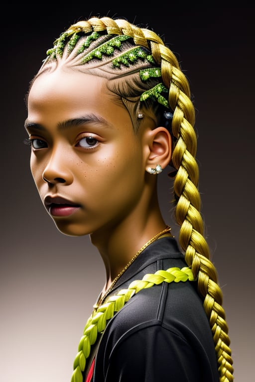 ((Best quality)), ((masterpiece)), ((realistic)) and ultra-detailed photography  1Boy nkneghmn  neon  ((Braided Hair)).  , Teen Male Boy, Rapping in a Fantasy Background with lots of gold jewelry and tons of diamonds
