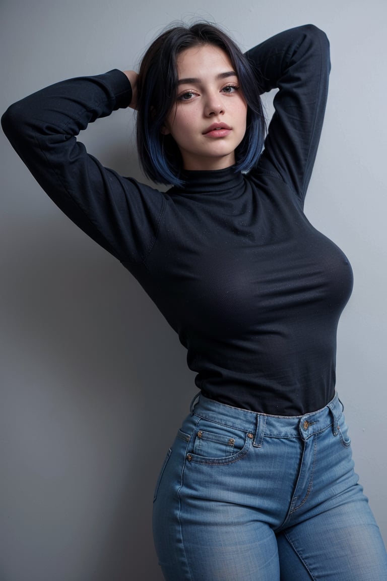 A photorealistic portrait of an 18-year-old girl with captivating beauty, her hair styled in a chic bob and dyed a mesmerizing blue, dressed in a simple black shirt and jeans that highlight her natural beauty. Big tits. 