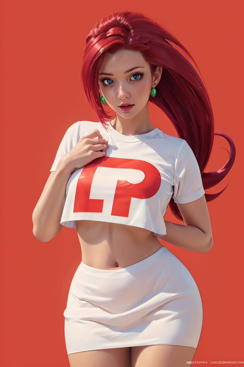 ((masterpiece, best quality)), jessie, pokemon,white top with red letter R, white skirt, pikachu background,sexy,curvy body,detailed face,perfect eyes,detailed hands,hands up,light background,mix of fantasy and realistic elements,vibrant manga,uhd picture , crystal translucency, vibrant artwork,jessie\(pokemon\)