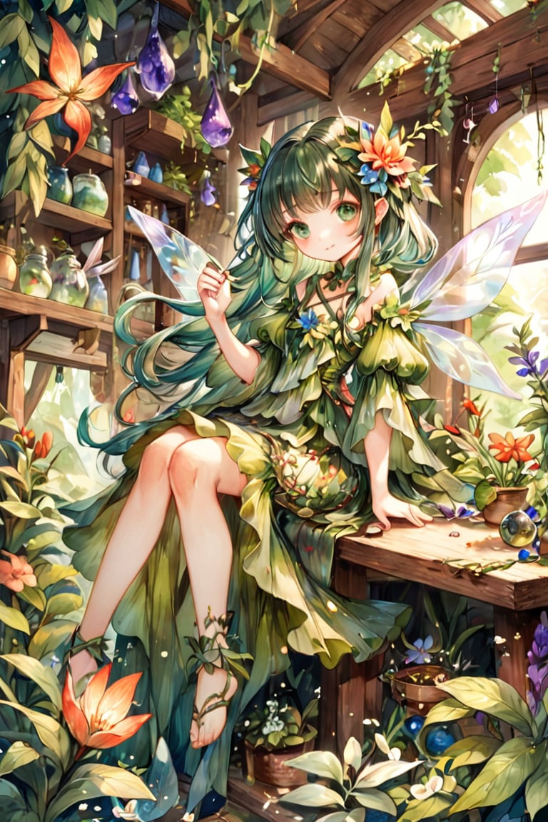 Extreme detailed,1girl,
beautiful fairy,In a quaint workshop adorned with enchanting flora, a skilled fairy tailor meticulously crafts fantastical garments,H effect,Wonder of Beauty,emo,extremely detailed,watercolor \(medium\), kirakishou