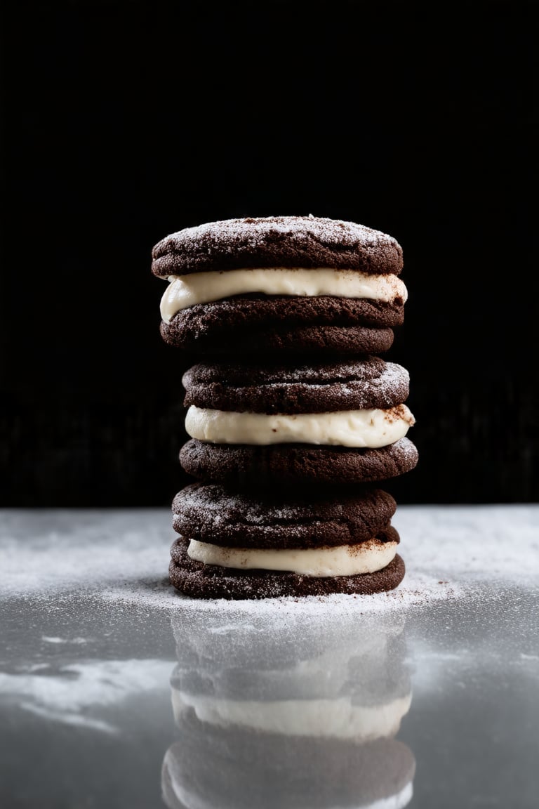 The image showcases a stack of chocolate sandwich cookies, commonly known as Oreos. The cookies are arranged in a vertical column, with each layer consisting of a dark chocolate cookie and a creamy white filling. The cookies have a textured surface with a series of ridges, which is characteristic of the Oreo design. The filling appears to be smooth and creamy, with a light dusting of cocoa or powdered sugar on top, adding a touch of contrast to the dark chocolate. The stack is set against a dark, possibly black, background which accentuates the rich colors of the cookies. The lighting is soft and focused on the cookies, creating a moody and appetizing atmosphere. The reflection on the surface beneath the stack suggests a glossy or polished surface, possibly a countertop or a marble slab.