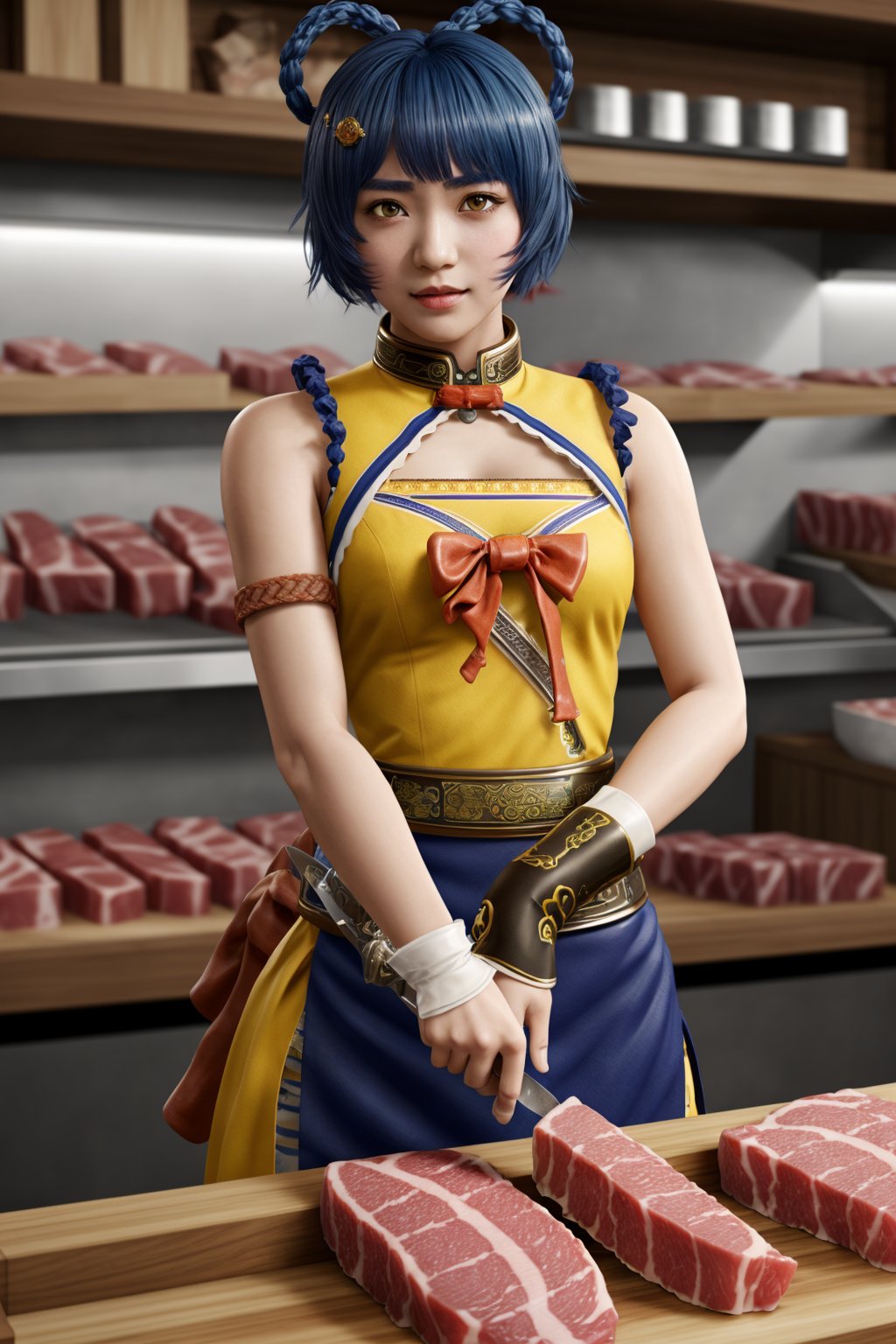 kamisatoayakadef, blue hair, holding a knife, in a (butcher shop), butcher, (best quality), ((masterpiece)), (extremely detailed CG 8k),xianglingdef