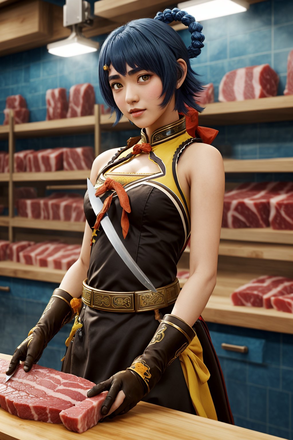 kamisatoayakadef, blue hair, holding a knife, in a (butcher shop), butcher, (best quality), ((masterpiece)), (extremely detailed CG 8k),xianglingdef