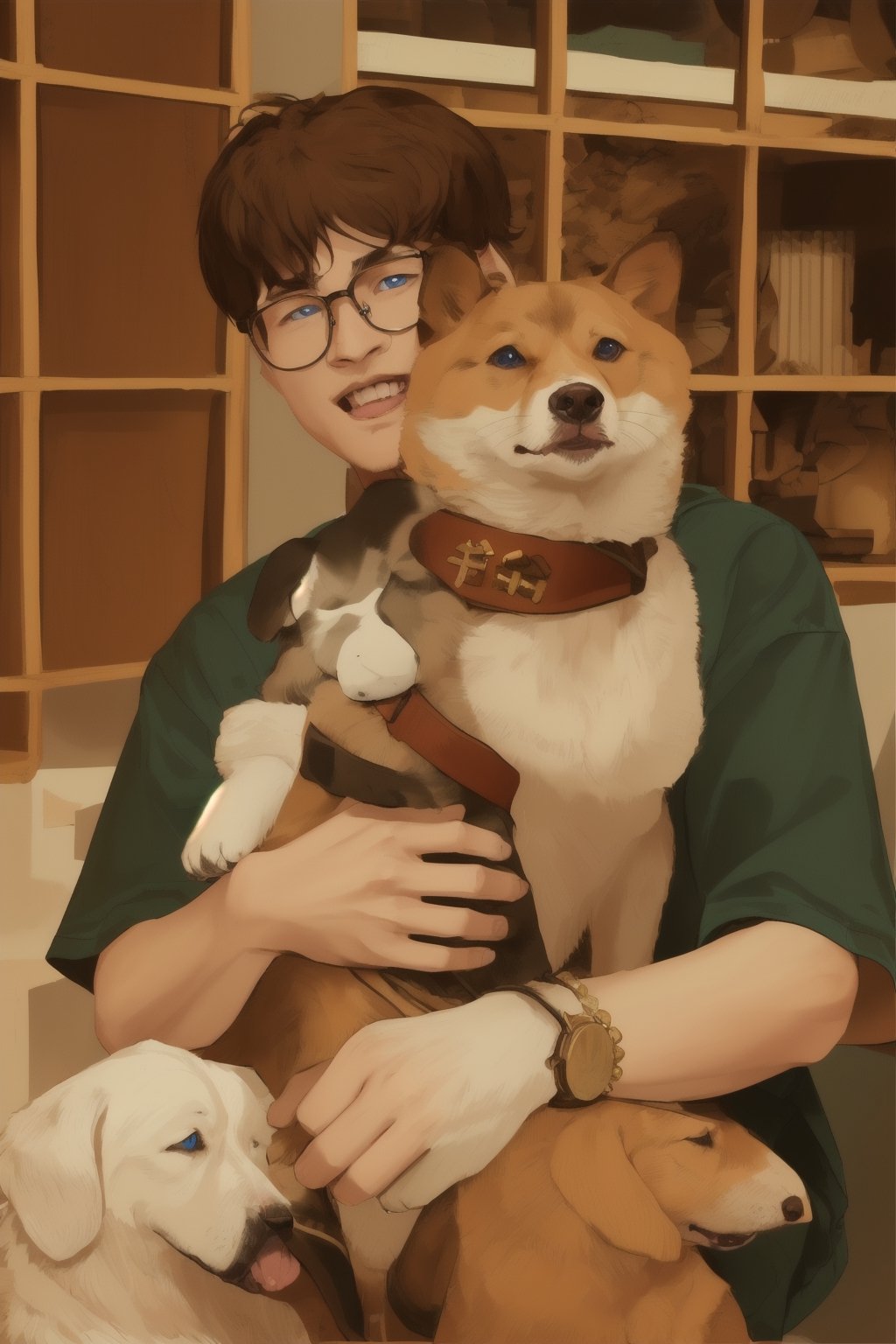 A boy wear glasses sat with a firewood dog in his arms, Man, Elf ,  40 years, Mage,  black halflong hair , blue shining eyes , trained body , noble Men Suit , fine jewelry
