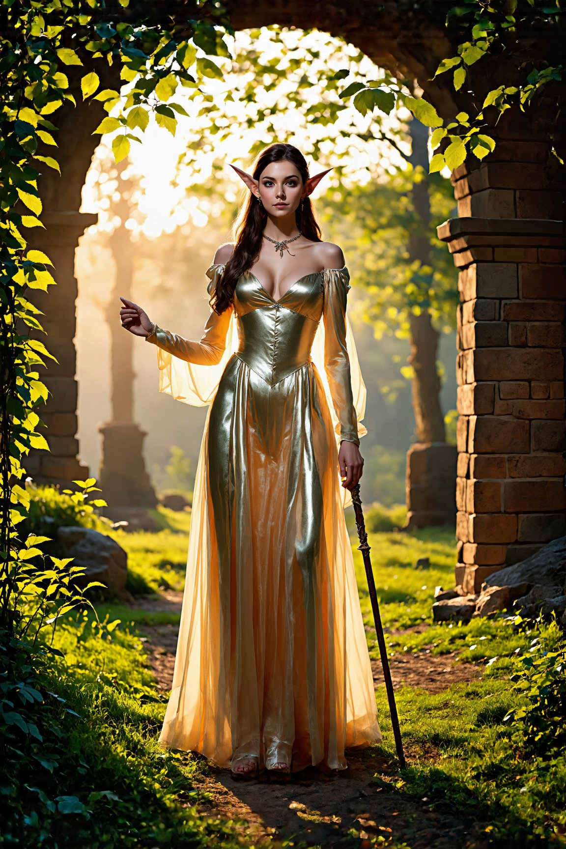 In a dappled, ancient forest ruin, an Elf Princess stands tall, her staff raised high as beams of warm sunlight filter through the trees, casting a golden halo around her regal figure. Her revealing, enchanted clothing shimmers in the soft light, while lush foliage and vines surround her, creating a lush environment. The camera captures a sharp focus on the princess's face, with the rule of thirds composition placing her at the intersection of two diagonals. Shot during the golden hour, the scene exudes an ethereal mood, inviting the viewer to step into this mystical realm., ,fantasy,better_hands,leonardo,angelawhite,Enhance