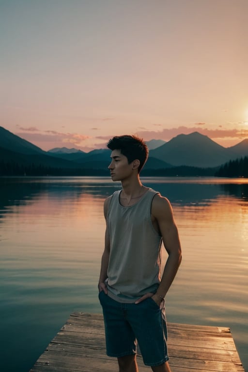 A young man stands on a weathered wooden dock extending over a still mountain lake at dusk. Dressed in cutoff denim shorts and a loose white tank top, he gazes pensively over the glassy waters with hands in his pockets. His hair glows in the golden light of the setting sun. A sense of peace and solitude pervades this high alpine scene at day's end as the sky fades into pastel hues and the loons begin their plaintive calls