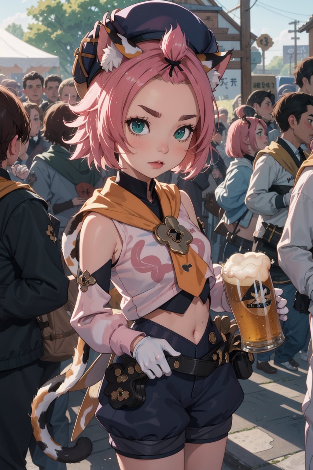 1 Girl, beer, girl holding beer, graceful figure, crowd, beer festival, high-definition image quality, best portrait, SFW., masterpiece, best quality, outdoors,1girl, animal ears, solo, diona (genshin impact), cat ears, pink hair, tail, navel, cat tail, animal ear fluff, hat, shorts,green eyes, cat girl, gloves, white gloves,  detached sleeves,(kbxll:0.8)