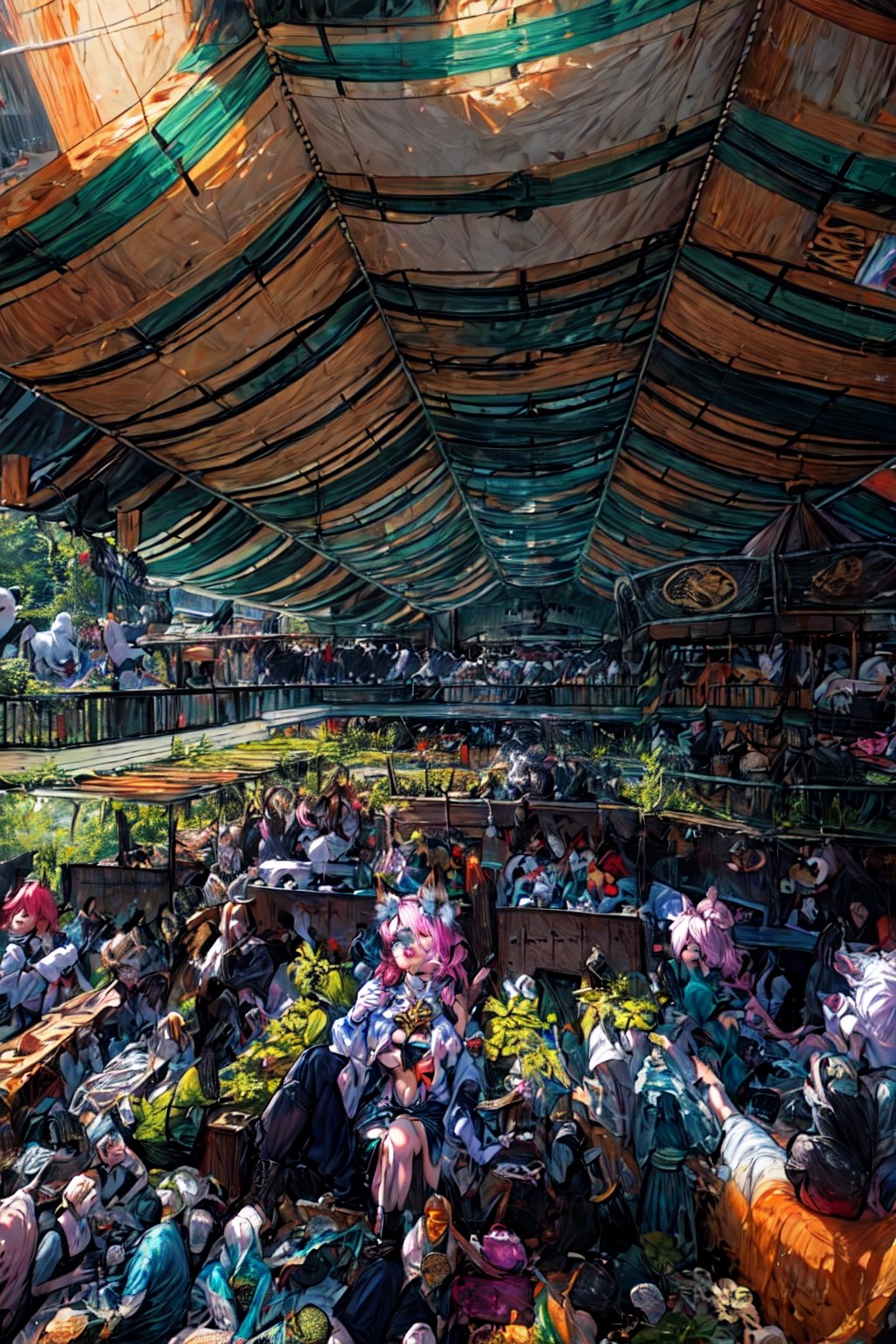 Girls, beer, girl holding beer, graceful figure, crowd, beer festival, high-definition image quality, best portrait, SFW, shed, beer stand, masterpiece, best quality, outdoors,1girl, animal ears, solo, diona (genshin impact), cat ears, pink hair, tail, navel, cat tail, animal ear fluff, hat, shorts,green eyes, cat girl, gloves, white gloves,  detached sleeves,(kbxll:0.8),High detailed 