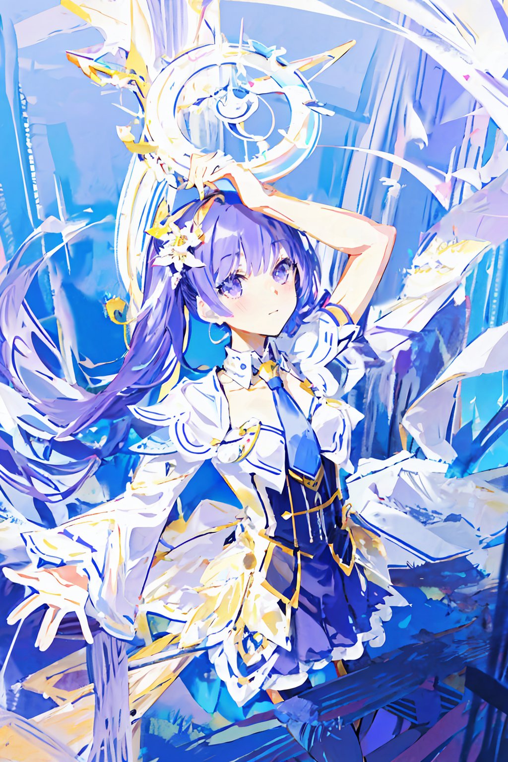 wear the izayoi costume,purple hair,purple eyes,beutiful,tall girl,not tied,purple Eyes,there is a hint of  purple under his hair,no_humans,izayoi miku,scenery