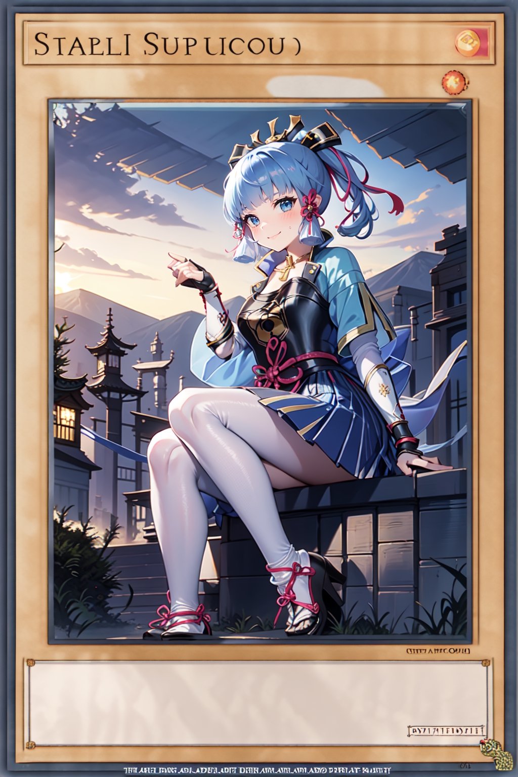 yugioh_card,KAMISATOAYAKADEF,kamisatoayakadef, full body, sitting, smile, blush, outdoors, day, simple background, blue sky, short hair, sky, temple, looking at viewer, sitting on stairs, mountain, moody lighting,