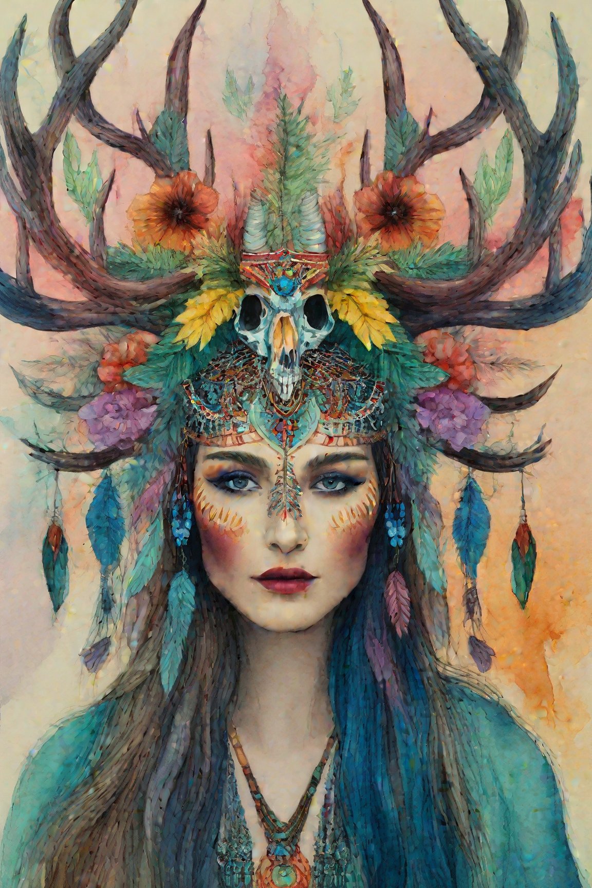 A shaman girl, with a large moose skull on her face, The strange decoration of dead branches, the mysterious and brightly colored Celtic shaman costume, and the girl is surrounded by a mysterious aura.,extremely detailed,watercolor \(medium\)