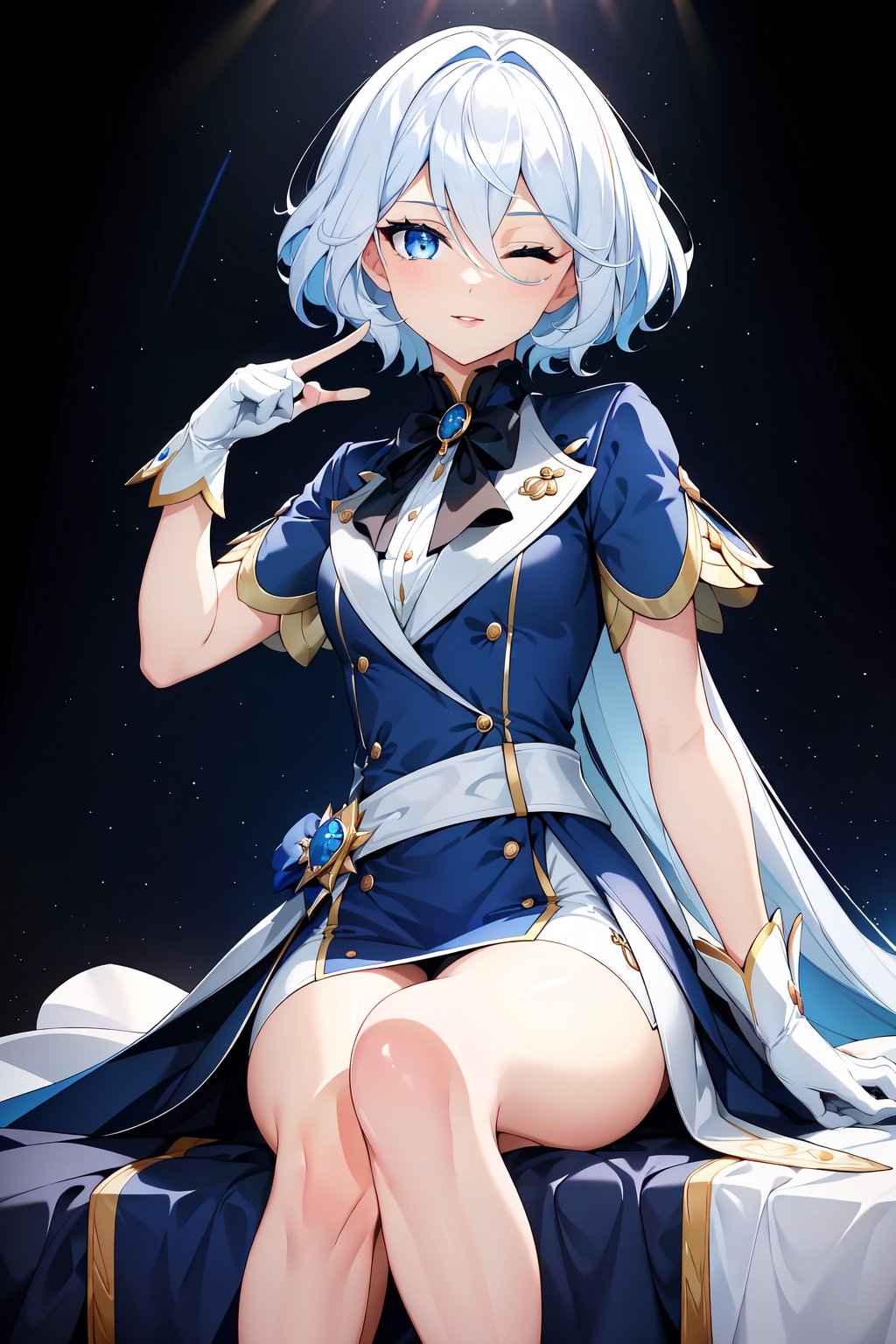 masterpiece, best quality, 1girl, short_hair_with_long_locks, white_hair, blue dress, white_shorts, short sleeves, blue eyes, black gloves, lip_stick, hairless, lighter_skin, martial clothing, looking at viewer, wink, pointing at viewer, one eye closed, legs together, Small hands, sitting