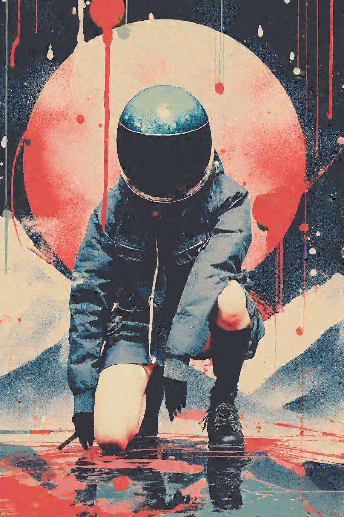 Japanese style, 80s retro vibe, aesthetic, space girl kneeling, submissive, ink brushstrokes in background, looking at viewer, ink rain, stunning image, bubble helmet, ink smoke, geometric mountain background, retro-style sun.